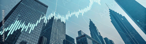 Modern high-rise office buildings with financial graph overlay