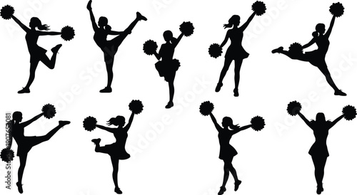 Black cheerleader silhouette set isolated on white background showing jumping, dancing poses with pom poms, energetic performance, team spirit sports illustration collection