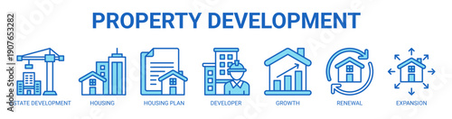 Property Development web banner icon vector illustration concept with icon of estate development, housing, housing plan, developer, property growth, renewal, and expansion.