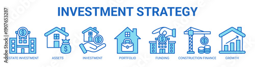 Investment Strategy web banner icon vector illustration concept with icon of estate investment, assets, property investment, portfolio, funding, construction finance, and growth.