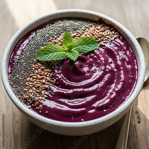Wallpaper Mural Rich purple fruit puree is topped with seeds and fresh herb garnish in a bowl Torontodigital.ca