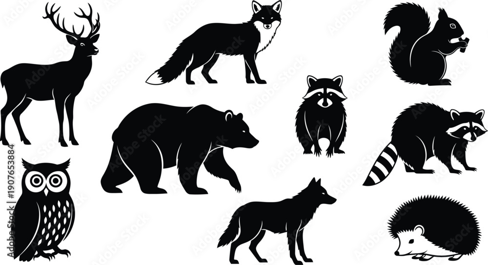 Obraz premium Silhouette of various forest animals in black on white background silhouette