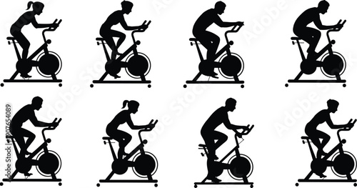 Black indoor cycling silhouette set isolated on white background showing male and female stationary bike workout poses, cardio fitness training, gym exercise illustration collection