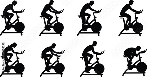 Black indoor cycling silhouette set isolated on white background showing stationary bike workout poses, fitness training, cardio exercise, gym sport motion illustration collection