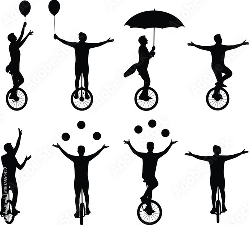 Black unicycle performer silhouette set isolated on white background showing juggling balls, holding balloons, umbrella riding, balance tricks, circus street performance illustration collection