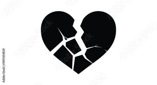A fractured black heart shape isolated on a white background