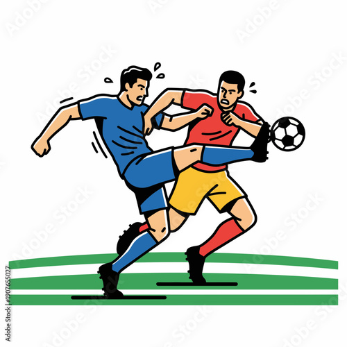 Two Intense Soccer Players Battling for the Ball on a Green Field