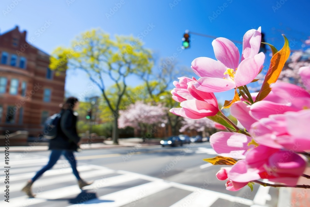 Obraz premium Vibrant pink blossoms foregrounding a sunny urban street with a pedestrian crossing at a crosswalk, capturing spring city life.