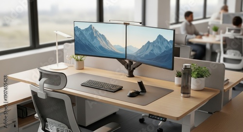 Modern Office Workspace with Dual Monitors and Mountain View.