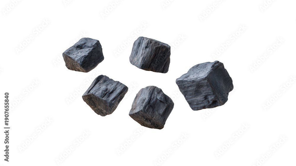 Obraz premium Five hardwood lump charcoal chunks floating in the air isolated on a plain background, ready for grilling