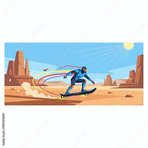 Futuristic Rider Speeding Through Desert Landscape on Hoverboard