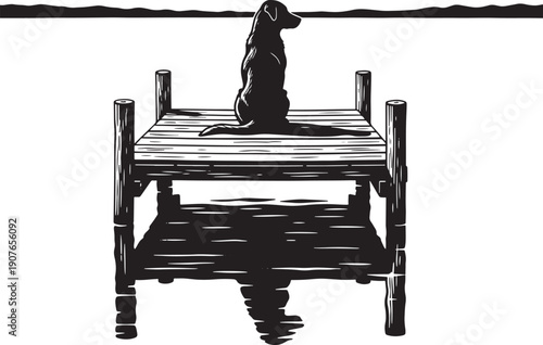 Dog Sitting on Wooden Dock Silhouette with Lake Reflection Vintage Illustration