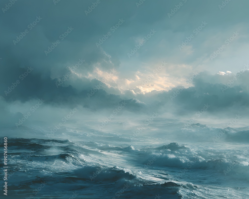 Obraz premium Dramatic ocean waves crashing under stormy sky with dark clouds and sunlight breaking through in a powerful seascape scene