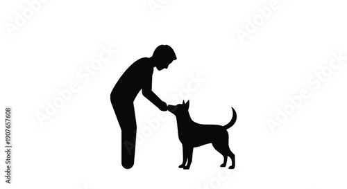 Silhouette of a person gently petting a small dog with a tail