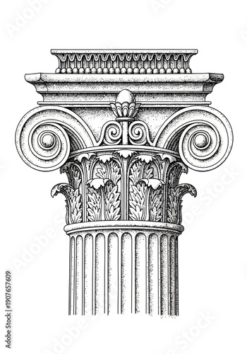 Ionic Column Capital Illustration in Classical Greek Architectural Line Art