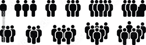People group icon set, human crowd silhouettes, teamwork community symbols, black flat vector illustration isolated on white background