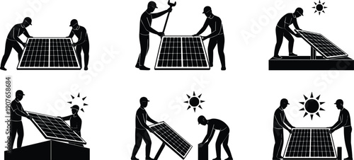 Construction workers installing solar panels, renewable energy teamwork silhouettes, clean power generation process illustration set isolated on white background for sustainable technology concepts
