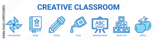 Creative Classroom web banner icon vector illustration concept with icon of chalkboard, book, pencil, glue, origami paper, shape toy, and apple.