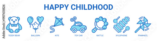 Happy Childhood web banner icon vector illustration concept with icon of teddy bear, balloon, kite, toy car, rattle, xylophone, and pinwheel. 