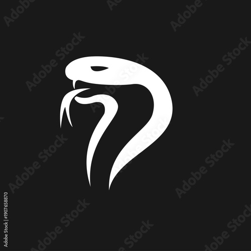 Abstract White Cobra Snake Head Logo Design with Fangs and Tongue on Black Background
