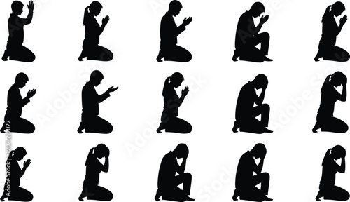People praying silhouette set, kneeling worship positions, religious faith devotion, spiritual prayer poses, meditation concept, black vector illustration