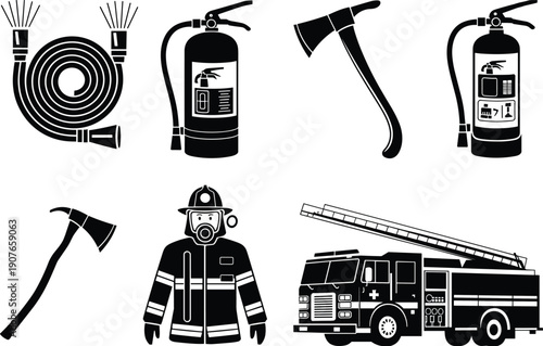 Firefighting equipment silhouettes set with fire hose, extinguisher, axe, firefighter uniform and ladder truck, emergency response safety illustration isolated on white background