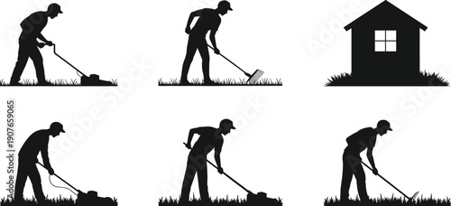 Gardening and lawn care silhouettes set showing gardener mowing grass raking yard near house, representing landscaping services, outdoor work, home maintenance, and seasonal yard care
