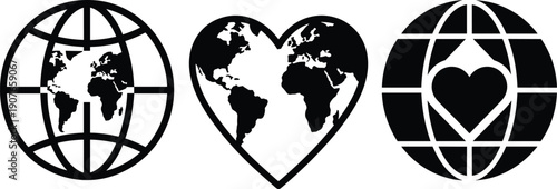 Global love concept with world map heart and globe icons symbolizing unity compassion international connection minimal black white vector illustration design solidarity humanity