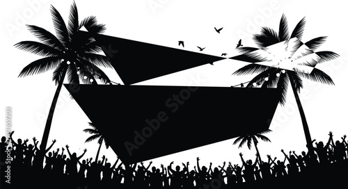 Summer beach party silhouette with palm trees and cheering crowd, tropical outdoor festival background with music stage and birds for event, concert, vacation