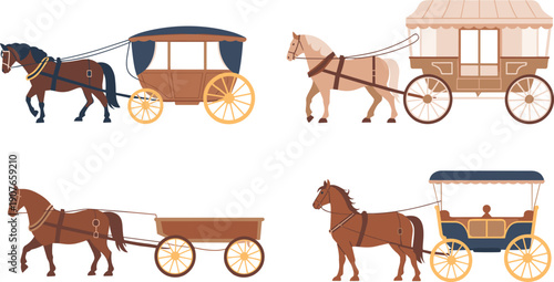 Horse drawn carriage and wagon illustrations set showing vintage transportation, rural travel vehicles, traditional carts, historic transport concepts isolated 
