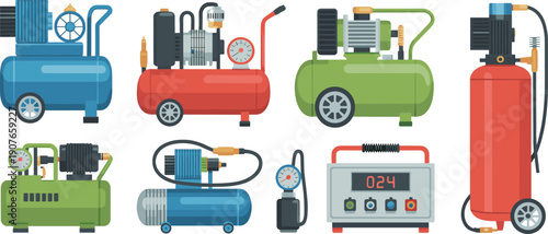 Industrial air compressor equipment icons set showing pneumatic machines, pressure tanks, electric motors, workshop tools, compressed air technology isolated on white background flat illustration 
