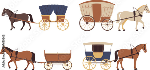 Horse drawn carriage illustrations set featuring vintage wagons, traditional transport vehicles, rural travel scenes, historic horse carts isolated on white background flat style collection