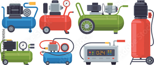 Industrial air compressor equipment illustration set featuring pneumatic machines, pressure tanks, electric motors, workshop tools, compressed air 