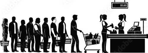 Supermarket checkout silhouette, customer queue illustration, retail shopping scene, black and white vector, cashier interaction, consumer behavior concept