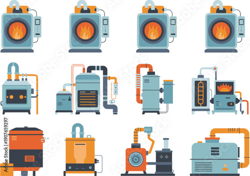 Industrial boiler and furnace equipment icons showing heating systems, energy production machinery, power plant components, thermal technology devices isolated on white background illustration