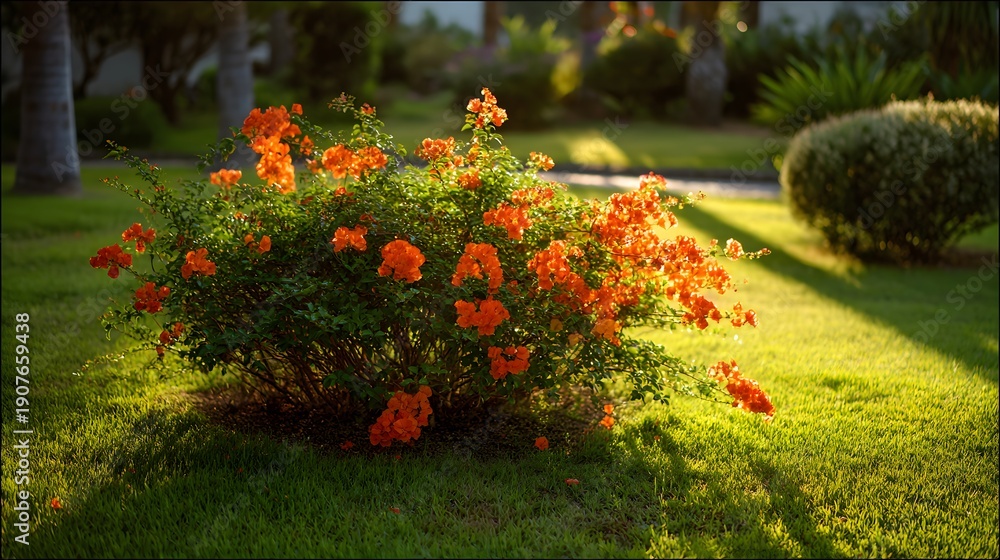 Fototapeta premium Vibrant Orange Trumpet Vine Bush Bathed in Golden Hour Sunlight.