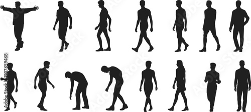 People walking silhouette set, men and women movement poses, human body motion, lifestyle actions, urban daily activity, black vector illustration