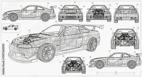 Technical Drawing of Sports Car Design.