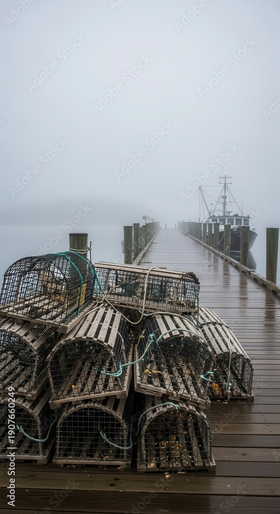 Fototapeta premium Stacked wooden seafood traps rest on a wet pier extending into dense fog where a fishing vessel waits