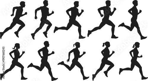 Running people silhouette set, male and female athletes jogging poses, fitness workout motion figures isolated vector illustration on white background