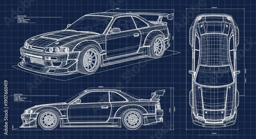 Technical Drawing of Sports Car Design.