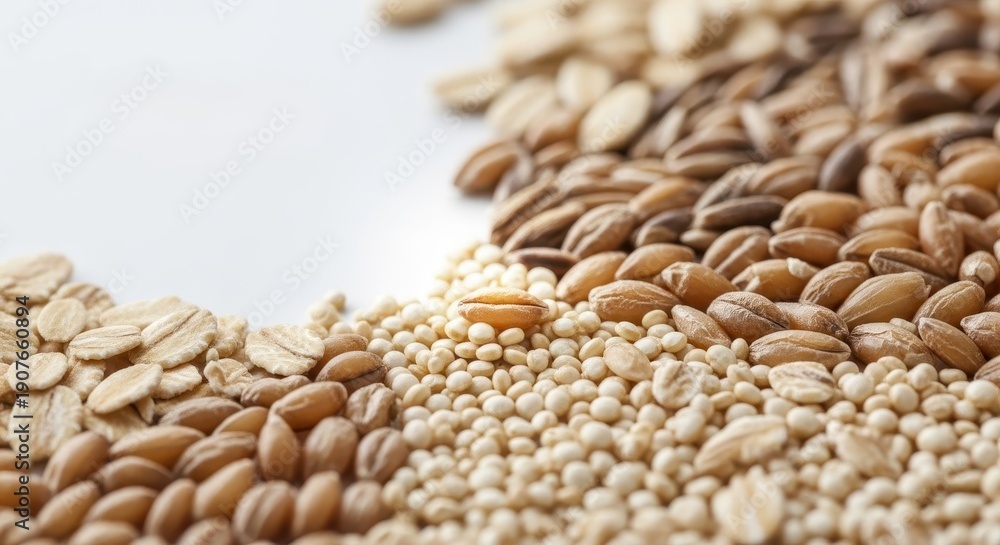 Obraz premium A macro shot of various healthy whole grains including oats, quinoa, barley, and rye, symbolizing nutritious, unprocessed food choices, agriculture, buckwheat, barley