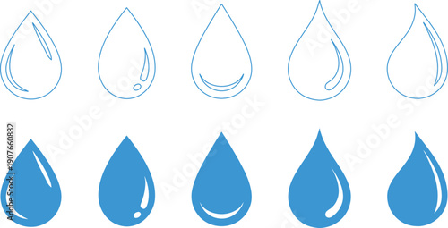 Water drop icon set with outline and solid blue droplet shapes. Clean liquid symbols for hydration, weather, or eco design projects. Minimal raindrop collection isolated on white.