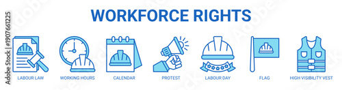 Workforce Rights web banner icon vector illustration concept with icon of labour law, working hours, calendar, protest, labour day, flag, and high visibility vest.