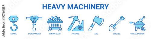 Heavy Machinery web banner icon vector illustration concept with icon of crane, jackhammer, mining cart, pickaxe, axe, shovel, and wheelbarrow.