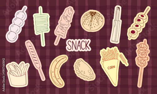food snack doodle hand drawn sketch vector illustration collection set - corn, banana, sausage, churro, 