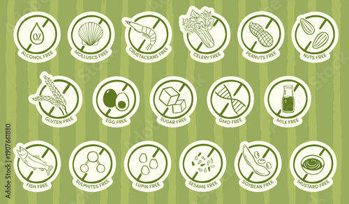 food allergen icons hand drawn sketch vector illustration collection set