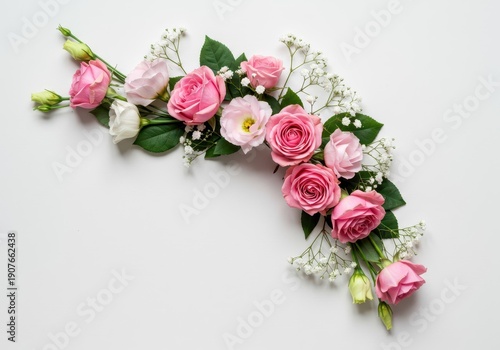 Elegant corner floral arrangement featuring vibrant pink roses, delicate eustoma, and white gypsophila, isolated on a clean background, studio shot, fresh, wedding