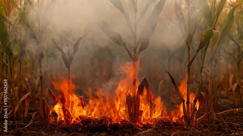 Raging flames sweep through dry crop field with heavy smoke.