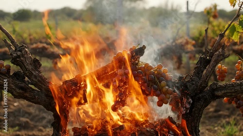 Vineyard bonfire burning pruned grapevines with thick smoke.